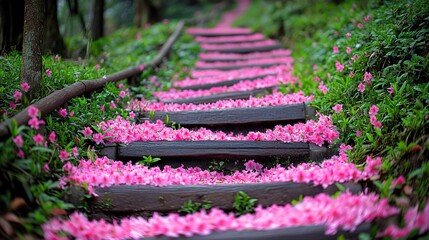 Wooden Steps in Forest Covered with Pink Flower Petals and Moss
