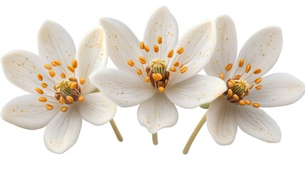 Three White Flowers with Orange Stamens on Isolated Background