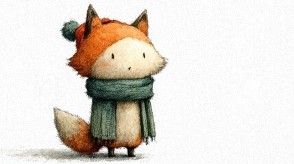 Adorable illustrated fox in winter scarf and hat with cozy autumn vibes