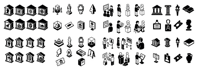 Isometric museum icons collection in black and white