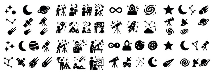 Fototapeta premium Space exploration icons: telescopes, planets, stars