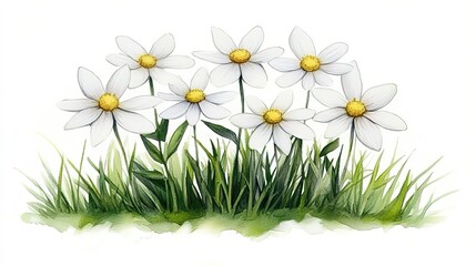 Watercolor Daisy Flowers with Green Grass on White Background
