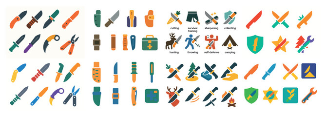 Colorful knife and outdoor activity icons collection