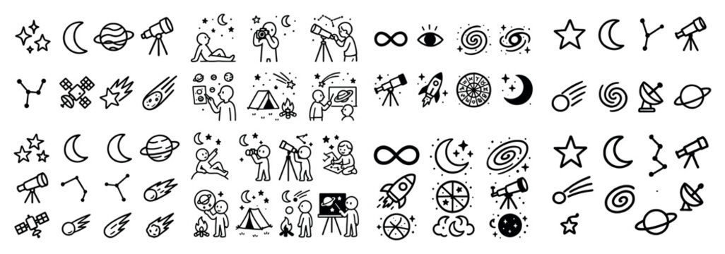 Astronomy icons collection: telescopes, stars, planets