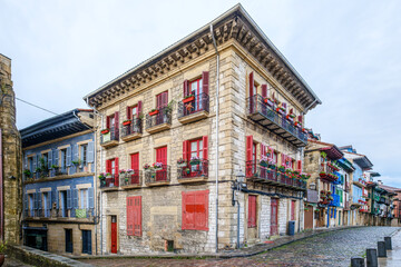 Historic Colorful Buildings with Red Shutters and Balconies, Hondarribia Old Town