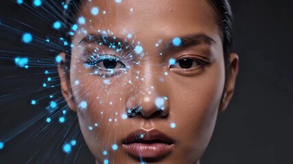 Futuristic AI face scan with digital data overlay on a human eye and facial features technology - Powered by Adobe