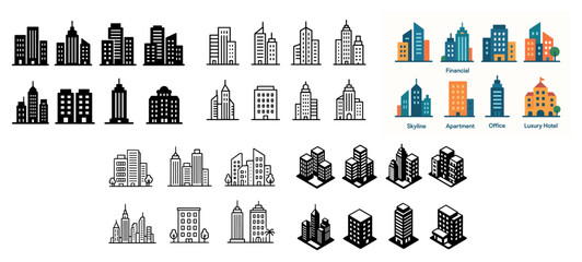 Diverse city building icons
