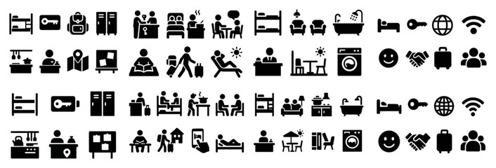 Obraz premium Hostel life icons collection for travel and stay