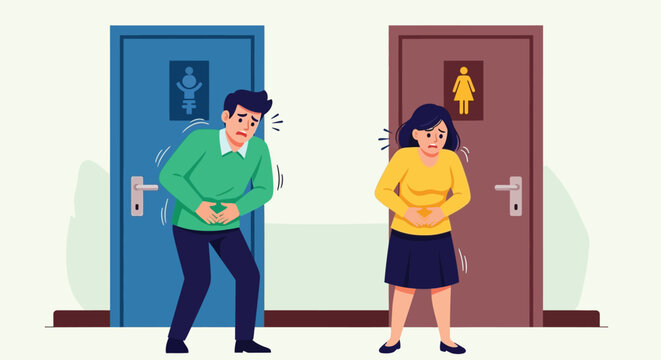 A man and a woman with stomach aches urgently waiting to use the public restrooms, clutching their abdomens in pain.