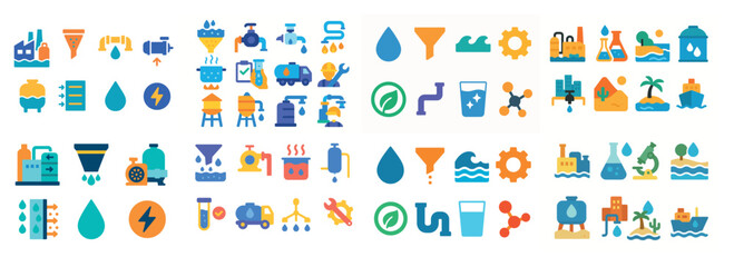 Fototapeta premium Colorful water treatment and industry icons set