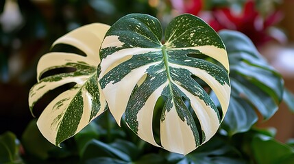 Variegated Monstera Deliciosa Leaves in Close - up
