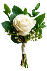 Fototapeta premium Elegant White Rose Boutonniere with Lush Greenery