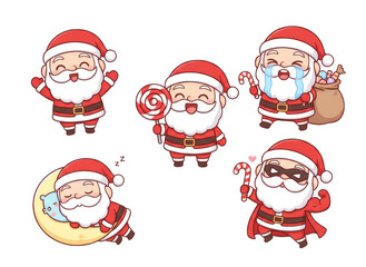 chibi santa claus vector set, different poses and emotions