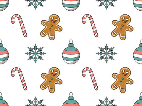Seamless Christmas pattern with gingerbread men, candy canes, ornaments, and snowflakes on black background