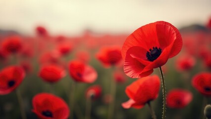 A field full of red poppies under a blue sky