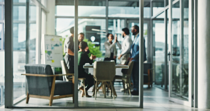 Blur, high five and meeting with business people in boardroom for coaching or presentation. Data, success and whiteboard with happy employee group in glass office for review of charts or graphs