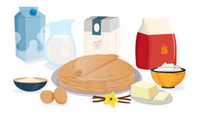 Obraz premium Crêpes et ingrédients pour la Chandeleur – illustration vectorielle