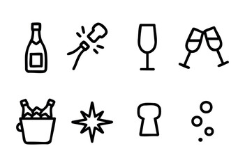 Bubbly drinks and toasting glasses highlight a joyful celebration. Various symbols represent the festive atmosphere and enjoyment shared among friends during a special occasion.