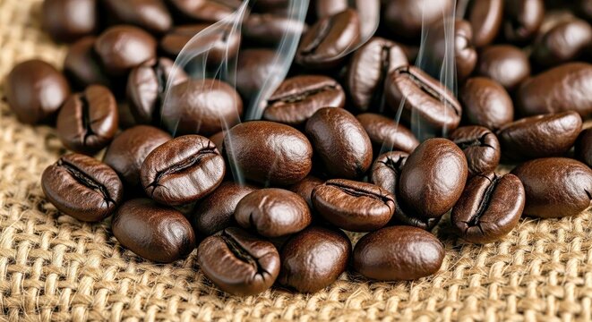 Freshly Roasted Coffee Beans with Aromatic Steam on Burlap Texture Background - Powered by Adobe