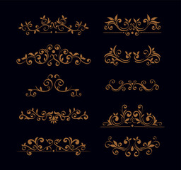 Elegant vintage floral vector set of calligraphic swirl design elements and gold victorian wedding invitation frames