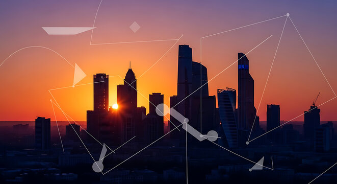 Modern city skyline at sunset with digital network grid overlay - Powered by Adobe
