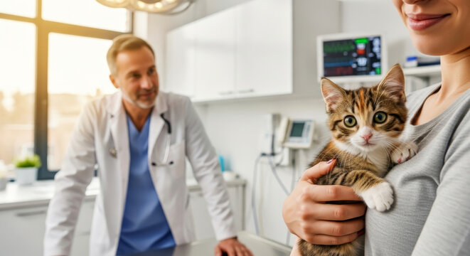 Kitten being held by its owner during a checkup at a modern veterinary clinic with a doctor in the background.