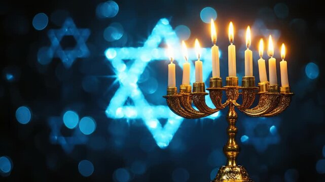 Golden Hanukkah menorah shining brightly with lit candles against a dark blue background, featuring a glowing Star of David, symbolizing the Hebrew Festival of Lights and sacred tradition.