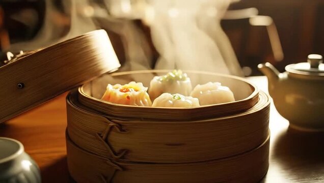 Steaming dim sum in a bamboo steamer, showcasing a delicious Asian meal