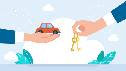 Car, hand holding keys. Concept of buying, selling, renting vehicle. Hands hand over the keys to auto. Car sale, rent. Evaluation and comparison of cars. Insurance of your vehicle. Vector illustration