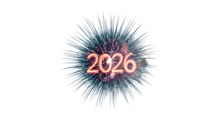 Glowing 2026 numbers surrounded by abstract colorful explosion isolated on transparent background