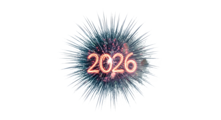 Glowing 2026 numbers surrounded by abstract colorful explosion isolated on transparent background