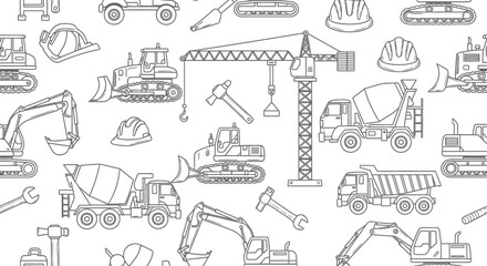 Collection of hand drawn black and white construction vehicles and equipment for building and engineering projects