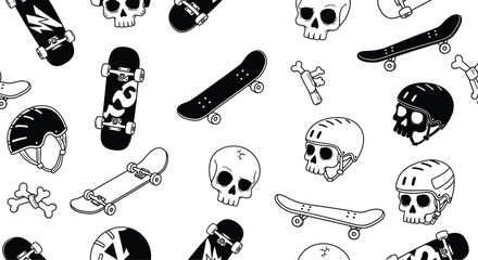 Collection of hand drawn black and white illustrations featuring skateboards and skulls with a punk rock aesthetic © mhk365