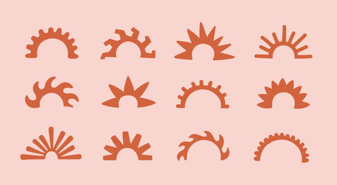 Hand drawn abstract modern sun silhouette for logo, badge, card design. Hippie style vintage sunset, sunrise vector element