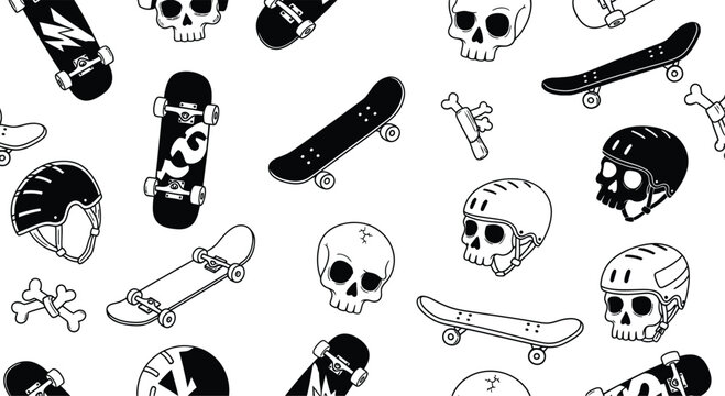 Collection of hand drawn black and white illustrations featuring skateboards and skulls with a punk rock aesthetic
