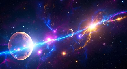 Dynamic cosmic energy stream connects luminous planets across a vibrant, star-filled nebula, showcasing celestial power and interstellar beauty