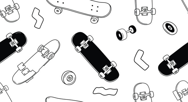Collection of hand drawn skateboard parts and components scattered across a white background in a dynamic artistic style