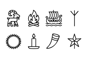 Fototapeta premium A collection of symbols representing celebration and heritage includes a goat, campfire, ship, candle, and more, showcasing diverse cultural themes.