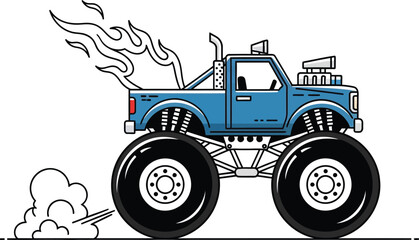 Cartoon illustration of a powerful blue monster truck with large wheels and flames coming from the exhaust pipe © mhk365