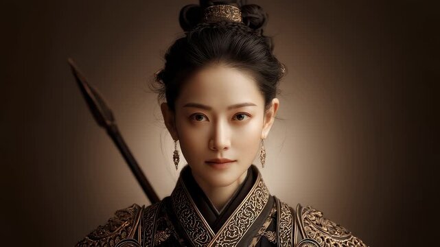 Tang Dynasty Heroine Stands Solemnly with Spear