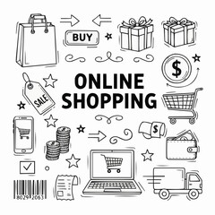 Online Shopping Doodle Illustration with E-Commerce Icons