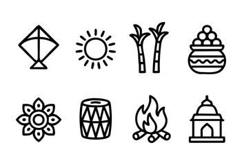 Fototapeta premium Various symbols depict the spirit of celebrations, featuring a kite, sun, sugarcane, and a fire, all representing joy and community gatherings during festive times.