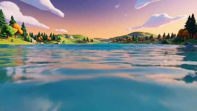 A tranquil, stylized animation depicts a serene lake or river at golden hour, with soft ripples reflecting the vibrant gradient sky of orange, purple, and blue. Rolling green hills adorned with divers