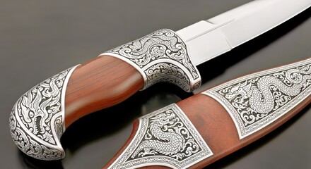 Handcrafted Ornate Dagger with Intricate Silver and Wood Design Weaponry Masterpiece