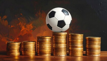 Soccer ball atop stacks of coins symbolizing sports betting success.