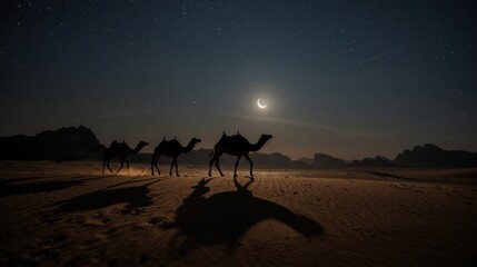Camels silhouetted against a starry desert night sky with moon