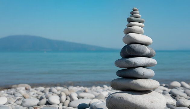 Stone Harmony by the Sea: A Zen-like tower of carefully balanced stones stands on a pebbled beach, with the serene ocean and sky stretching out in the background, a testament to balance and peace.