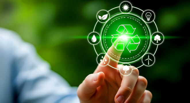 Hand pressing green glowing digital interface representing renewable energy and environmental technology.