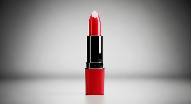 A bright red lipstick standing vertically on a simple gray background, symbolizing beauty, luxury, and cosmetic branding.