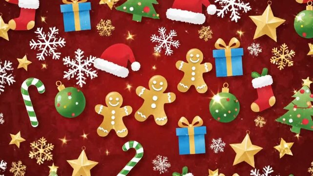 A vibrant and cheerful background showcasing an animated pattern of various holiday-themed illustrations set against a rich red textured surface. The festive scene features playful gingerbread cookie 